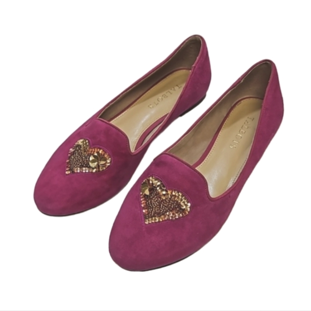 Talbots Fushia Pink suede/ leather loafers sequins heart women's size 7